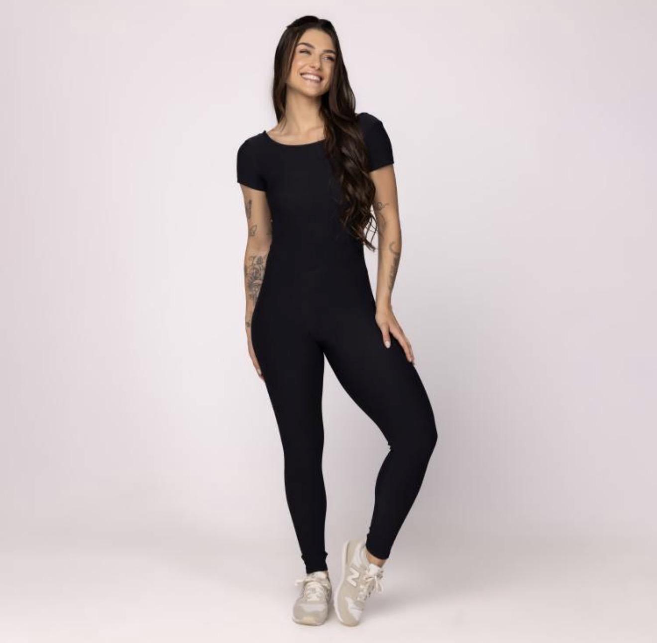 Macacão Fitness Feminino Longo Manga Canelado Zero Transparência Bojo